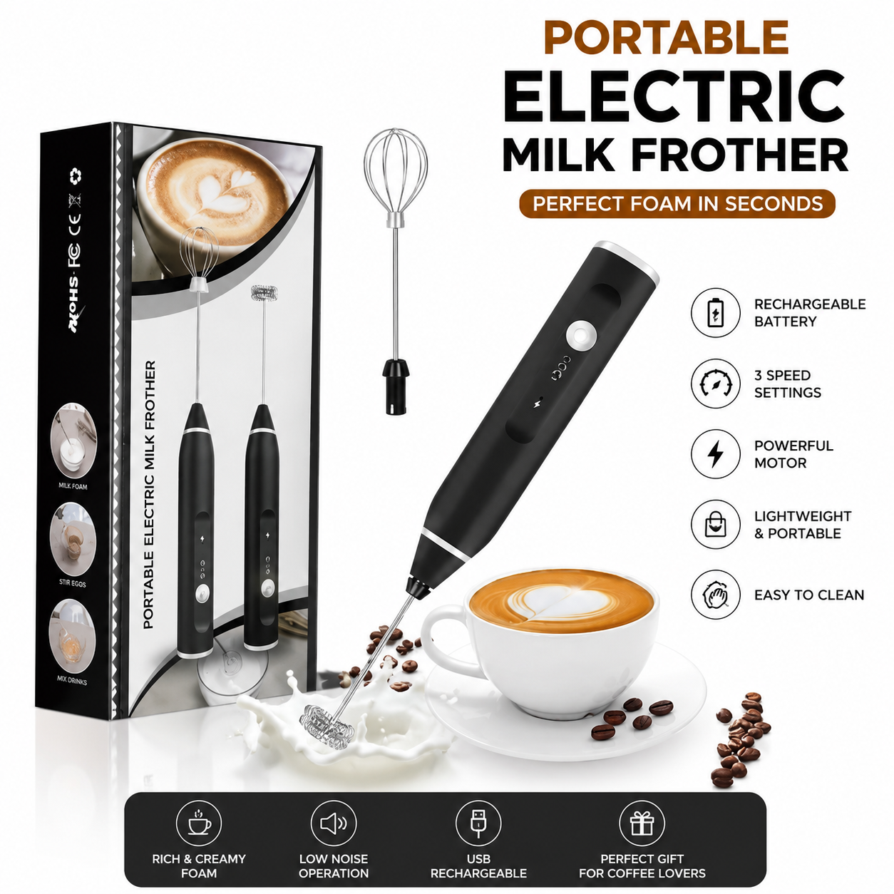 Portable Electric Milk Frother & Whisk - Handheld Rechargeable Coffee & Milk Beater
